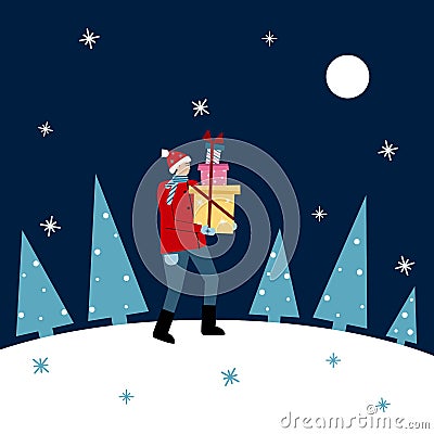 Cute Christmas vector illustration of a man with red hat and scarf is holding stack of presents, carrying to home or office Vector Illustration