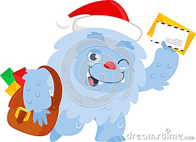 Cute Christmas Yeti Bigfoot Cartoon Character Delivering Letter Vector Illustration