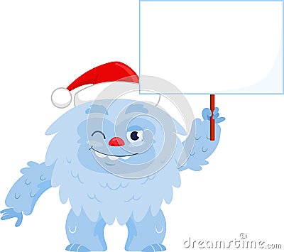 Cute Christmas Yeti Bigfoot Cartoon Character Holding Up A Blank Sign Vector Illustration