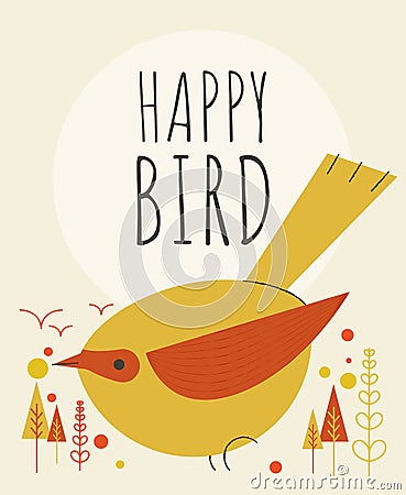 Cute bird with flowers and plants greeting card Vector Illustration