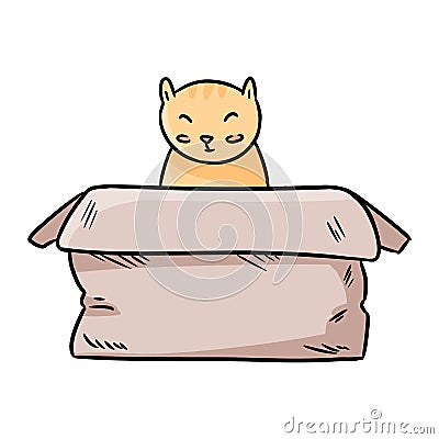 Cute chubby cat sitting in the paper box thin line cartoon image Vector Illustration