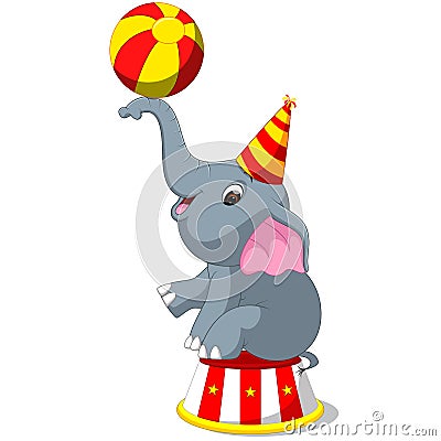 Cute Circus elephant with a striped ball stands on a podium Vector Illustration
