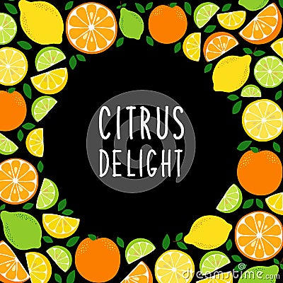 Cute Citrus Delight Fruits Lemon, Lime and Orange background in vivid tasty colors Vector Illustration