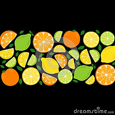 Cute Citrus Delight Fruits Lemon, Lime and Orange background in vivid tasty colors Vector Illustration