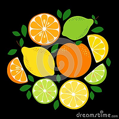 Cute Citrus Delight Fruits Lemon, Lime and Orange background in vivid tasty colors Vector Illustration