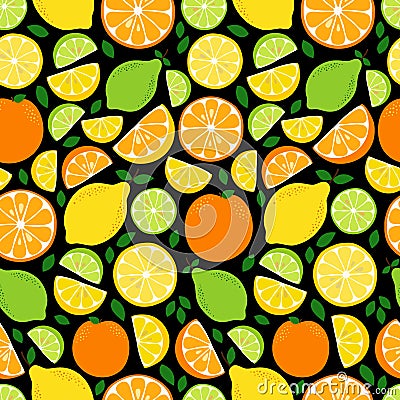 Cute Citrus Delight Fruits Lemon, Lime and Orange seamless pattern in vivid tasty colors Vector Illustration