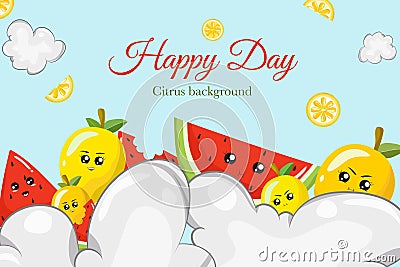 cute citrus watermelon cartoon illustration template background card Vector Illustration