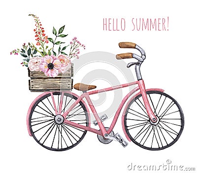Cute city bicycle with floral basket, hand drawn watercolor illustration. Summer travel Cartoon Illustration