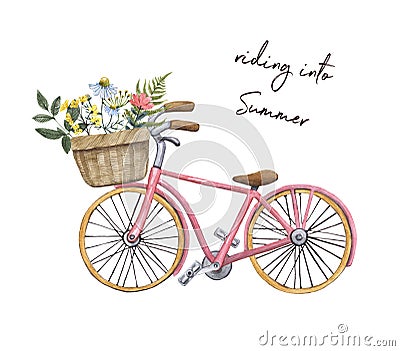 Cute city bicycle with floral basket, hand drawn watercolor illustration. Summer vacation vibes, wildflowers bouquet Cartoon Illustration