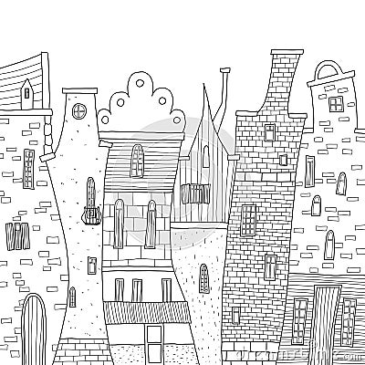 Cute city street with cafe and houses. Vector Illustration