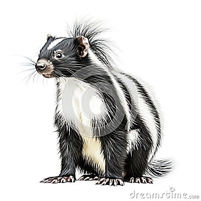 Cute classic black with white stripe young skunk aka Mephitis mephitis, walking side ways. Head up looking straight Stock Photo