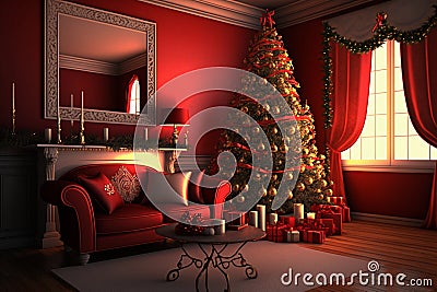 Cute classic christmas decorated room in red tones Stock Photo
