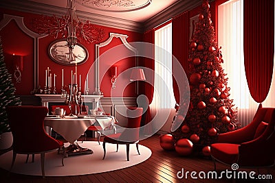 Cute classic christmas decorated room in red tones Stock Photo