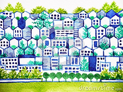 Cute clean town love environment city tree and biulding concept Cartoon Illustration