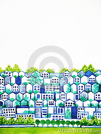 Cute clean town love environment city tree and biulding concept Cartoon Illustration
