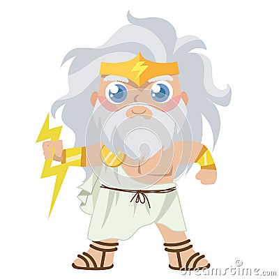 Cute clipart of Zeus God of the sky, thunder, and lightning on a white background. Vector Illustration