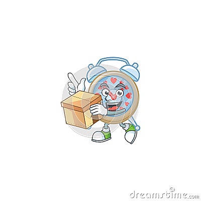 Cute clock love cartoon character having a box Vector Illustration