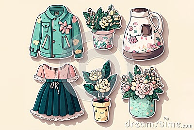 cute clothes and flowers stickers. Created with Generative AI technology. Stock Photo
