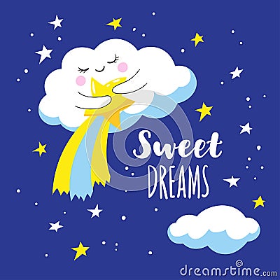 Cute cloud with comet and stars in space. Vector Illustration