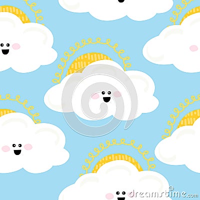 cute cloud and sun seamless pattern on light blue background Vector Illustration