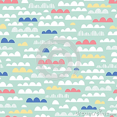 Cute Clouds Nursery Vector Seamless Pattern. Pink, Yellow, Blue and White Clouds on Mint Background. Baby Kids Print Vector Illustration