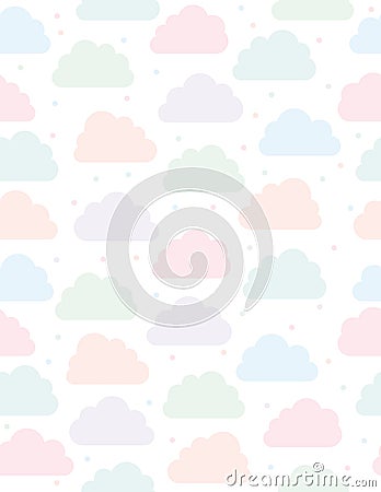 Cute Clouds Vector Pattern. White Background. Pink, Blue, Violet and Green Clouds and Dots. Simple Soft Seamless Design. Vector Illustration