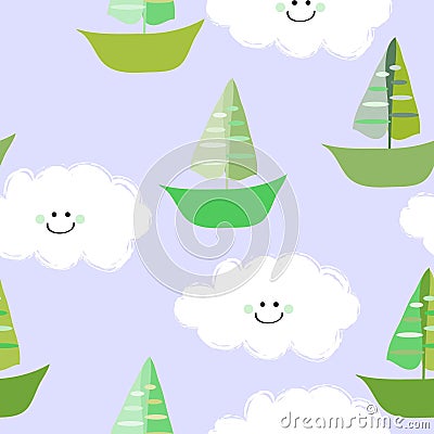 Cute Clounds and Boats Pattern Seamless Stock Photo