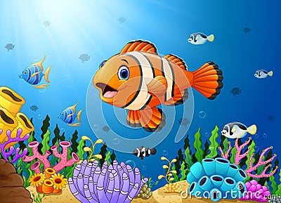 Cute clown fish cartoon in the sea Vector Illustration