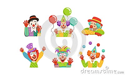 Cute Clowns Collection, Cheerful Circus Cartoon Characters with Funny Faces, Birthday or Carnival Party Design Element Vector Illustration