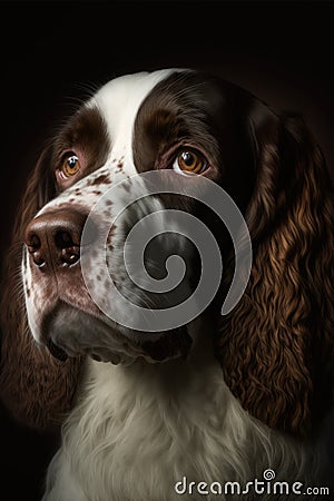 Cute cocker smaniel dog with brown and white hair on a dark background. Generative AI Stock Photo