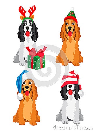 Cute Cocker Spaniel in a New Year hat Vector Illustration