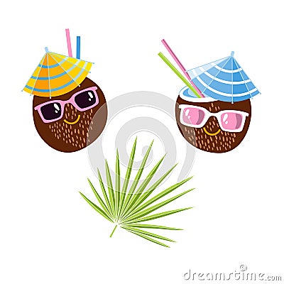 Cute coconuts in sunglasses and palm leaf. Cartoon summer characters. Vector illustration on white. Perfect as a design element Vector Illustration