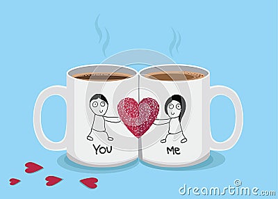 Cute coffee couple cup with heart elements flat design on blue background for Valentine`s Day Stock Photo