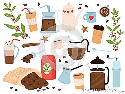 Cute coffee elements. Espresso, cappuccino stickers. Morning hot drinks, mugs and coffee maker. Black beans in bag, cafe Vector Illustration