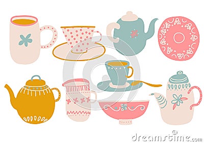 Cute Coffee or Tea Set, Design Elements with Teapot, Teacup, Saucer, Jug Milk and Napkin Vector Illustration Vector Illustration