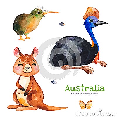 Cute collection with cassowary, kiwi bird, kangaroo, butterfly, stones Stock Photo