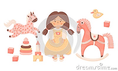 Cute collection children toys. Little girl with ponytails in dress, doll toy, rocking horse, cubes, unicorn soft toy Vector Illustration