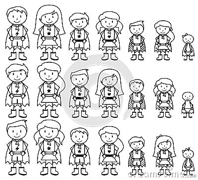 Cute Collection of Diverse Stick Figure Superheroes or Superhero Families Vector Illustration