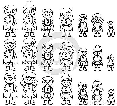 Cute Collection of Diverse Stick Figure Superheroes or Superhero Families Vector Illustration