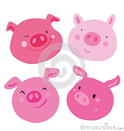 Cute collection of four faces pink pig. Different emotions on each muzzle, used as sticker and emoji. Use as an icon Vector Illustration