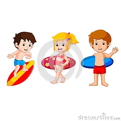 Cute collection of surfing kids Vector Illustration