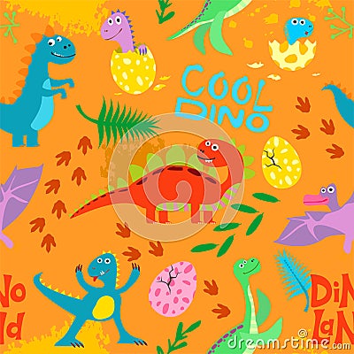 Cute colored dinosaurus seamless pattern vector design. Illustration of seamless background dino, animal dinosaur Vector Illustration