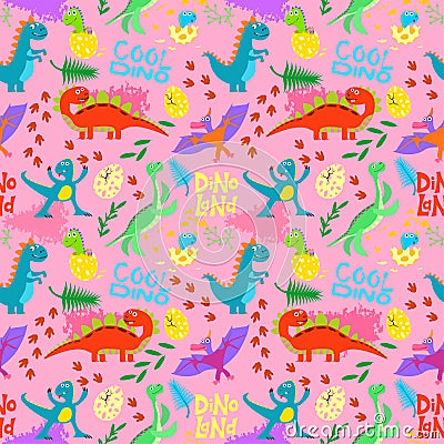 Cute colored dinosaurus seamless pattern vector design. Illustration of seamless background dino, animal dinosaur Vector Illustration