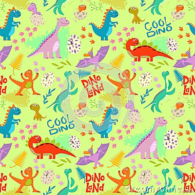 Cute colored dinosaurus seamless pattern vector design. Illustration of seamless background dino, animal dinosaur Vector Illustration