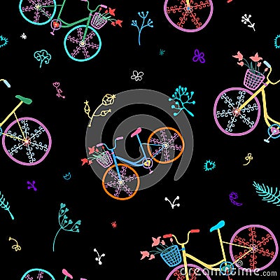 Cute colorful beautiful bicycles seamless pattern with decorative wheels and flowers. Vector Illustration