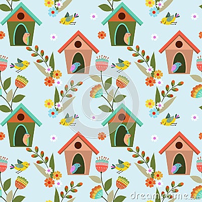 Cute colorful birds and birdhouses seamless pattern. Vector Illustration