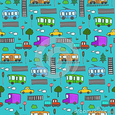 Cute colorful cartoon city transport pattern Vector Illustration