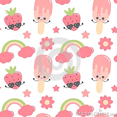 Cute colorful cartoon hand drawn seamless vector pattern background illustration with ice cream, strawberry, flowers, rainbow and Vector Illustration