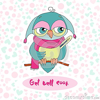 Cute colorful cartoon owl is sick Vector Illustration