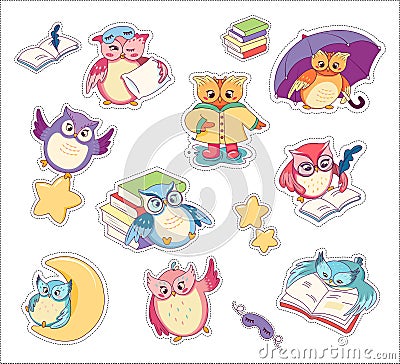 Cute Colorful Cartoon Owls Set Stickers Flat. Vector Illustration